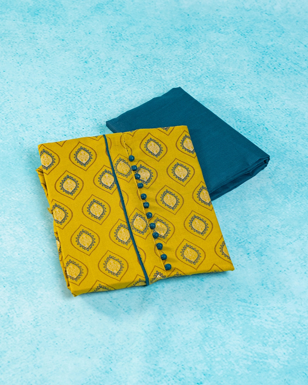 Elegant Mustard Yellow & Teal Blue Printed Chudi Material