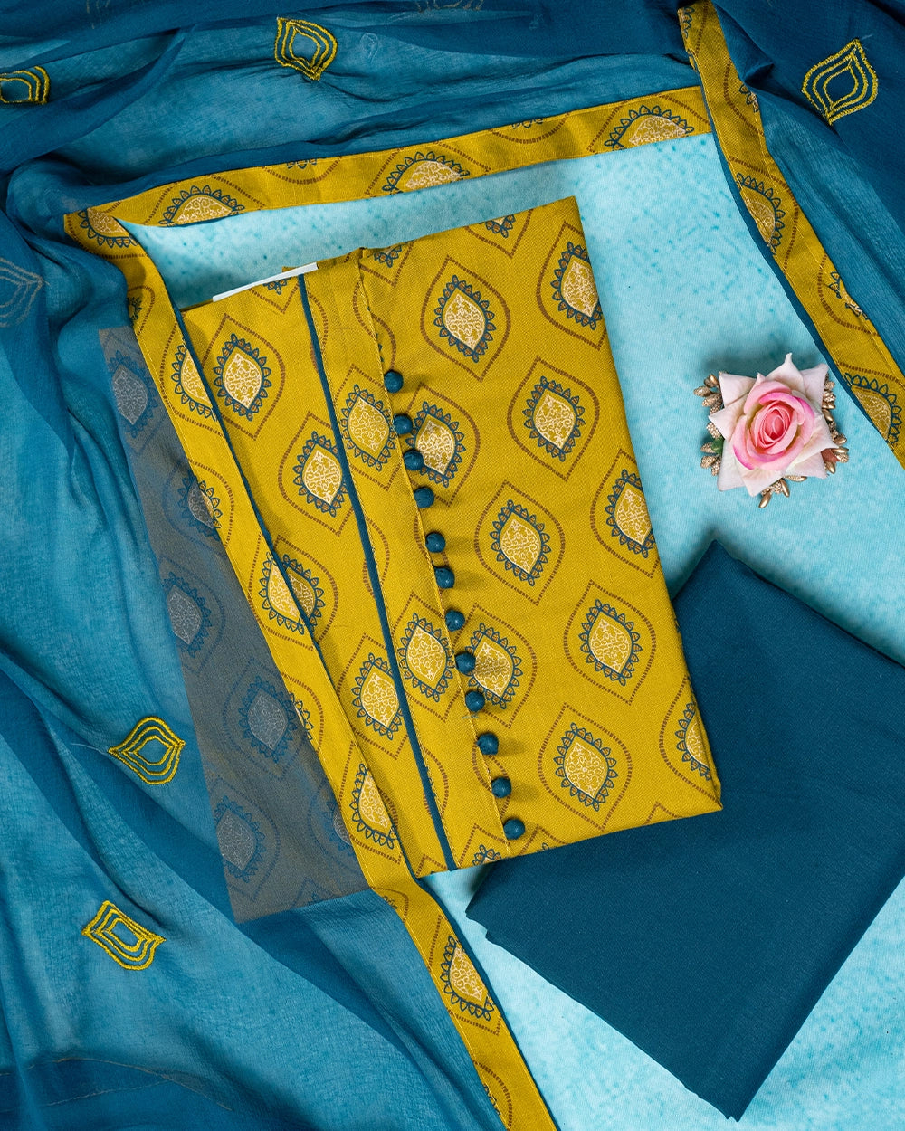 Elegant Mustard Yellow & Teal Blue Printed Chudi Material
