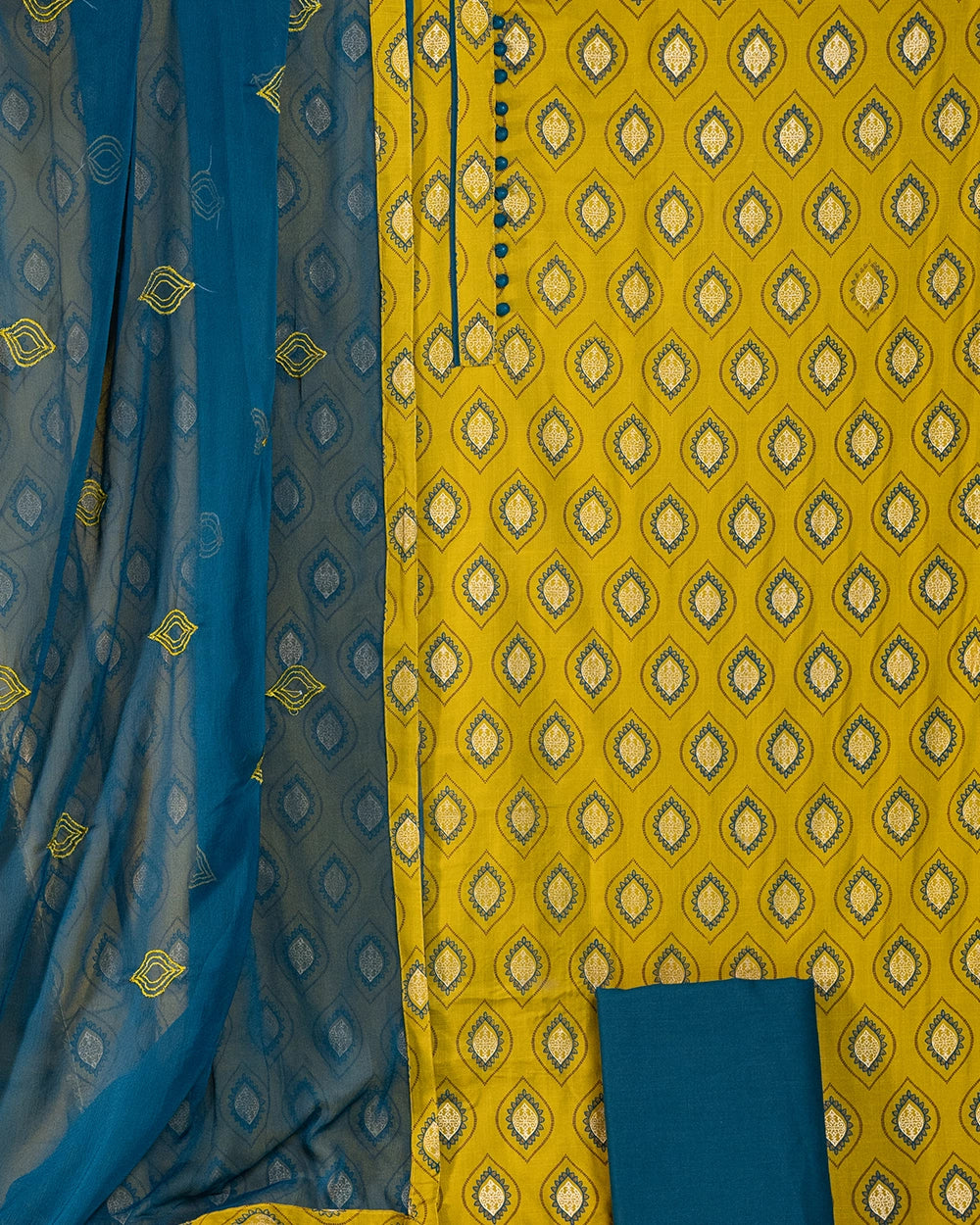 Elegant Mustard Yellow & Teal Blue Printed Chudi Material