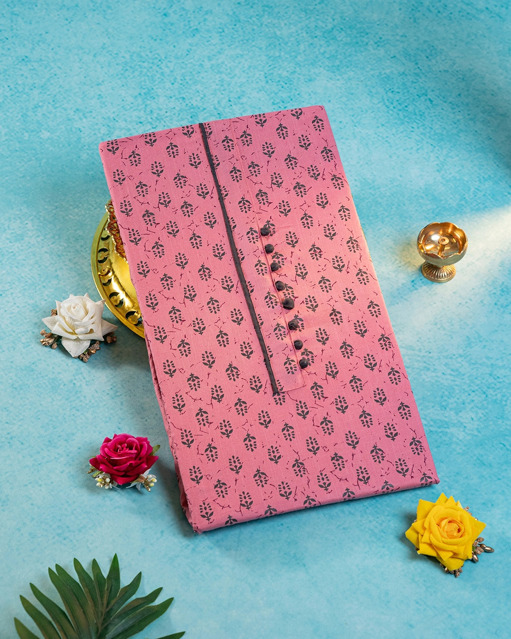 Elegant Pink &Charcoal Grey Printed Chudi Material