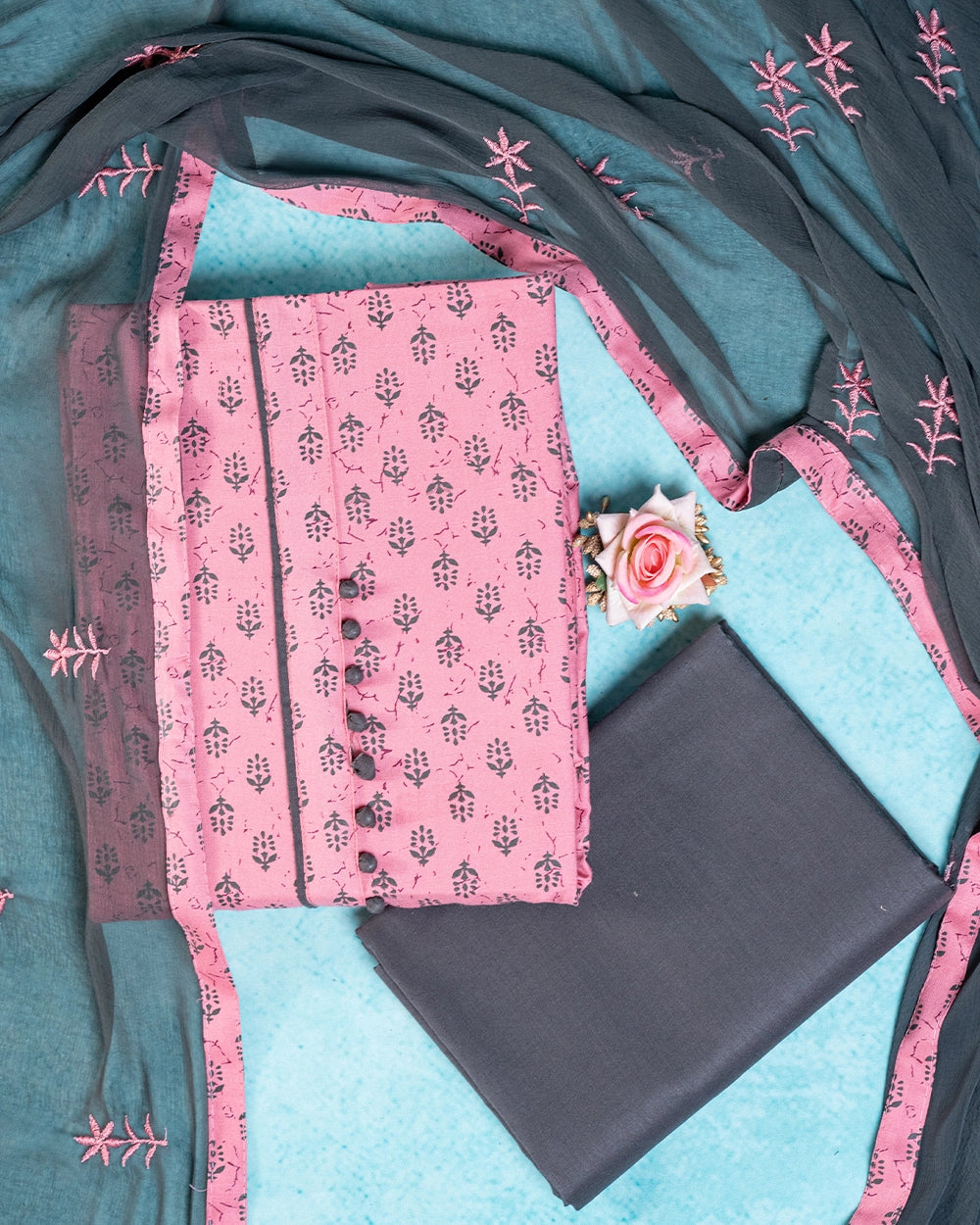 Elegant Pink &Charcoal Grey Printed Chudi Material