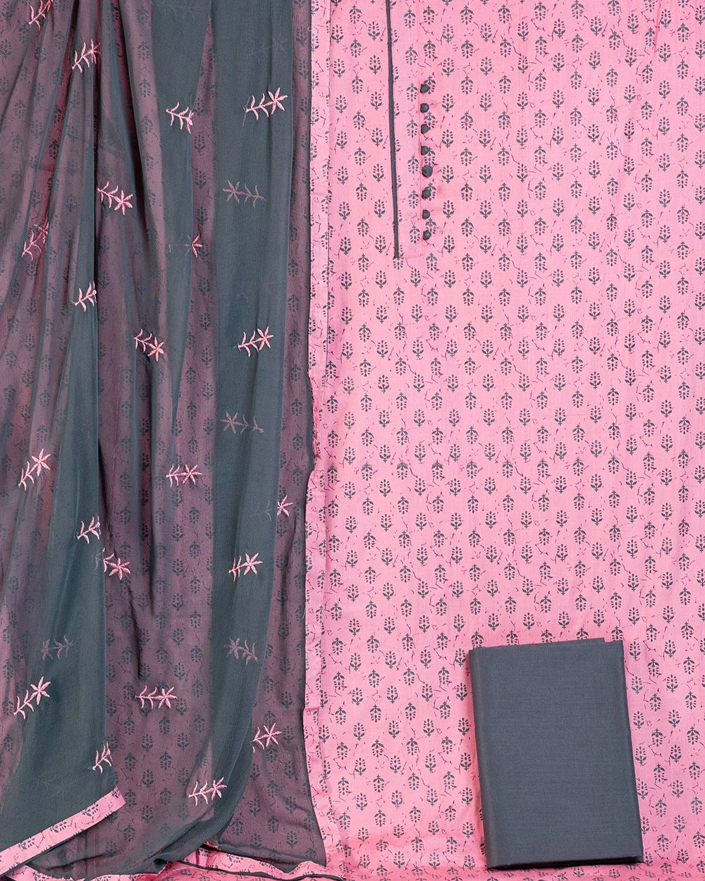 Elegant Pink &Charcoal Grey Printed Chudi Material