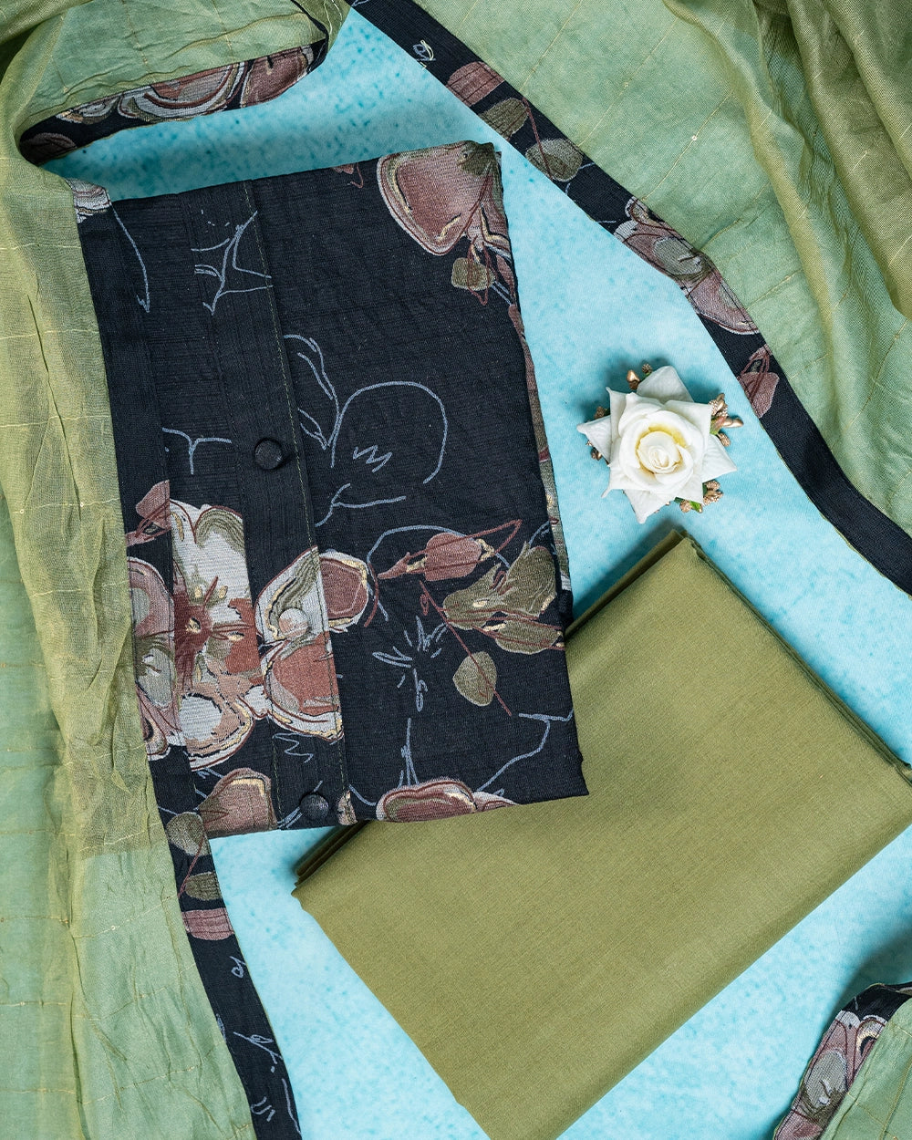 Black & Olive Green Printed Chudi Material