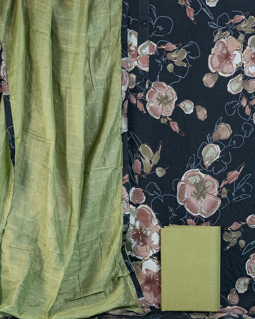 Black & Olive Green Printed Chudi Material