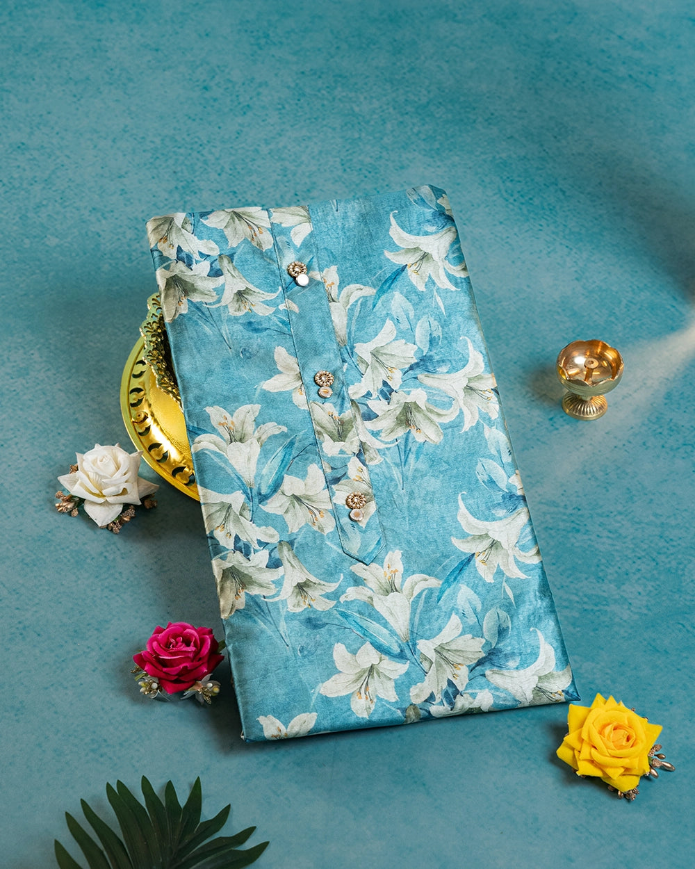 Teal Blue &Cream Floral Chudi Material