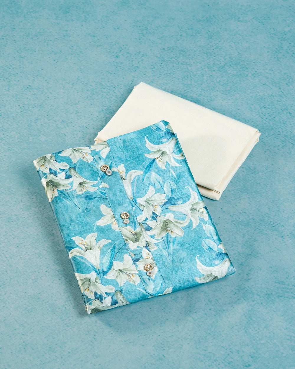 Teal Blue &Cream Floral Chudi Material