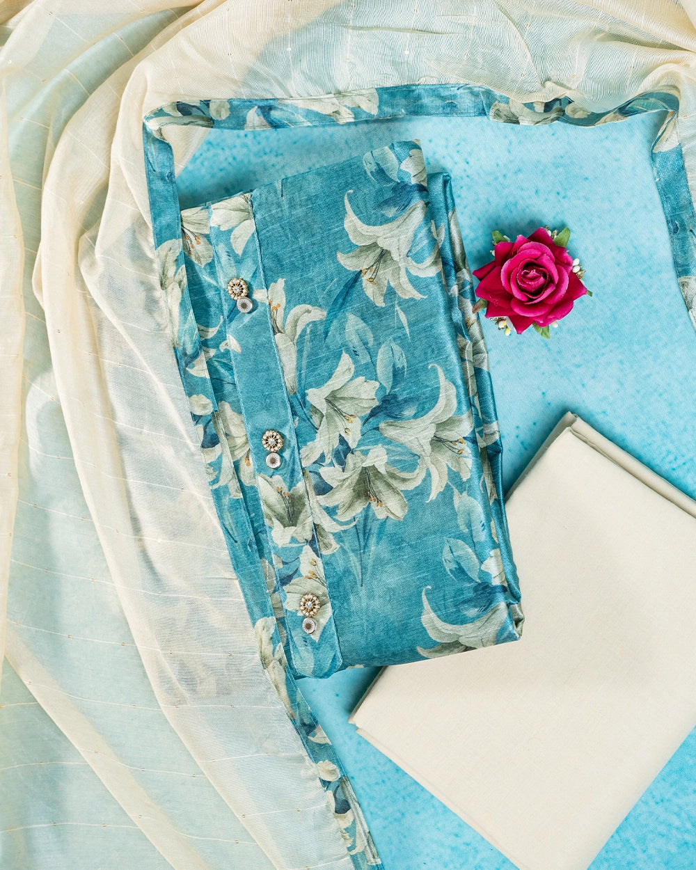 Teal Blue &Cream Floral Chudi Material