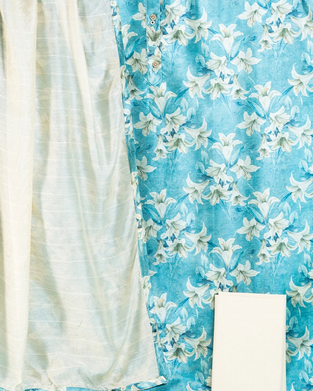 Teal Blue &Cream Floral Chudi Material