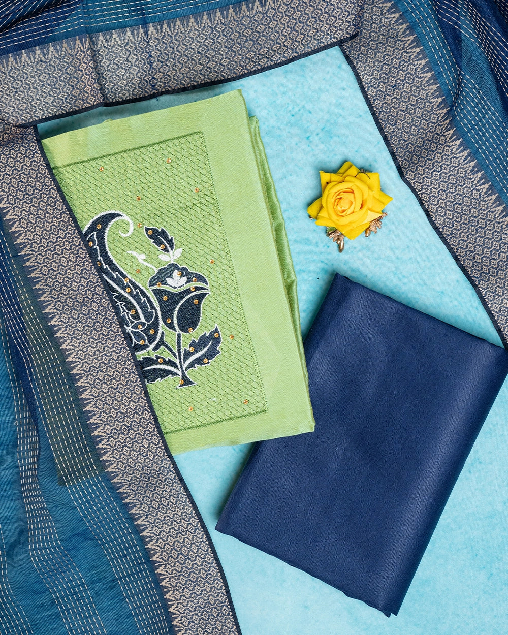 Lime Green & Navy Blue Chudi Material