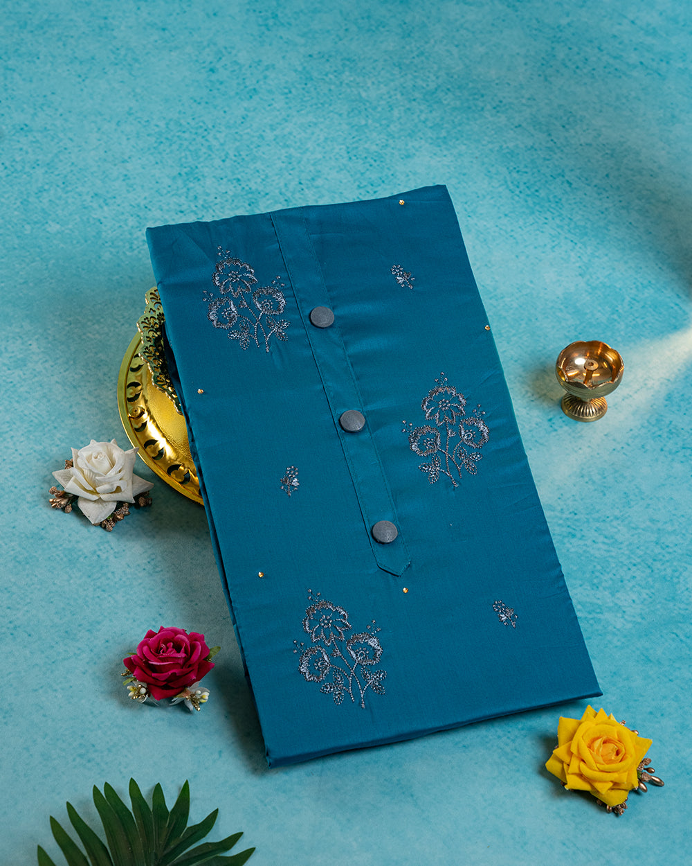 Elegant Turquoise Blue &Grey Embroidered Chudi Material