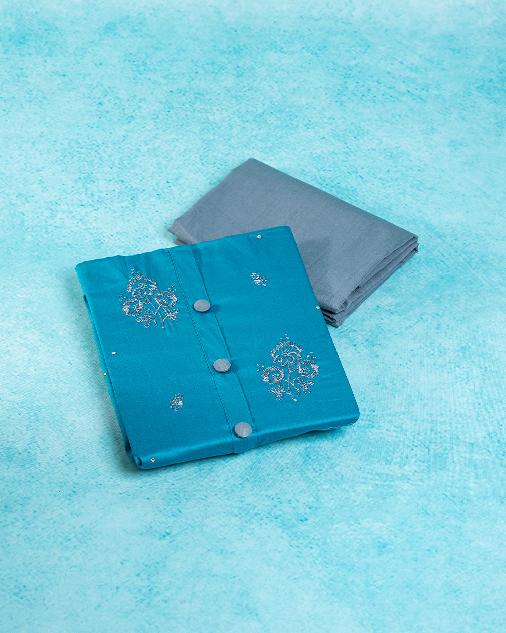 Elegant Turquoise Blue &Grey Embroidered Chudi Material
