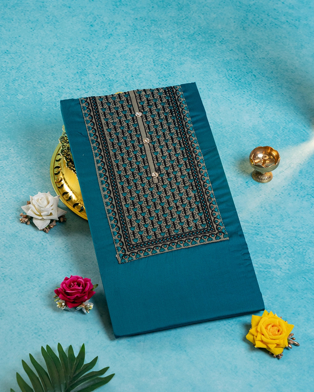 Elegant Teal Blue & Beige Printed ChudiMaterial