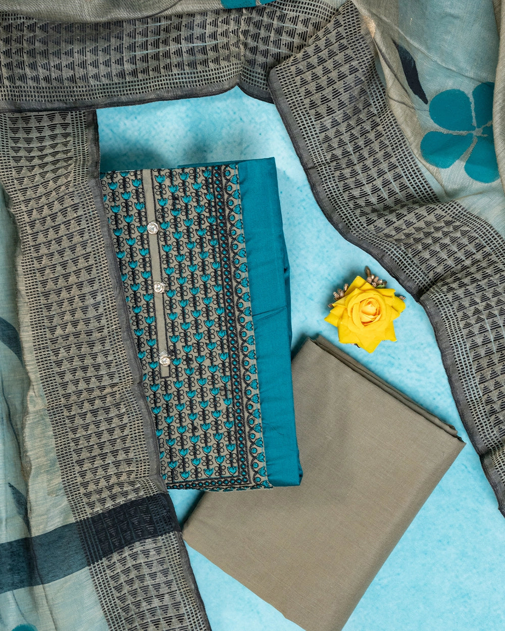 Elegant Teal Blue & Beige Printed ChudiMaterial