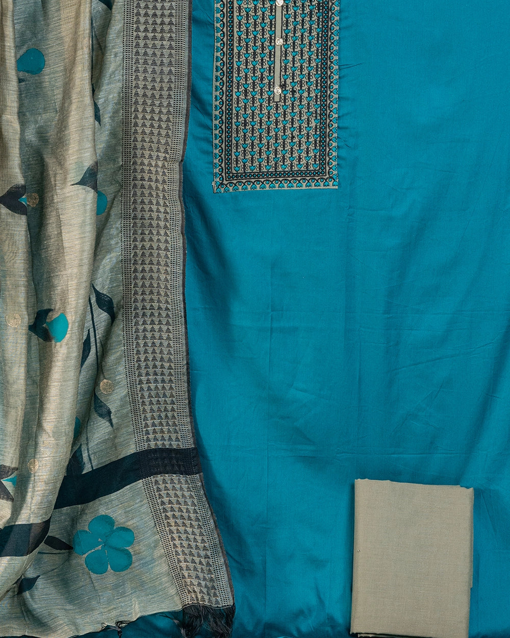 Elegant Teal Blue & Beige Printed ChudiMaterial