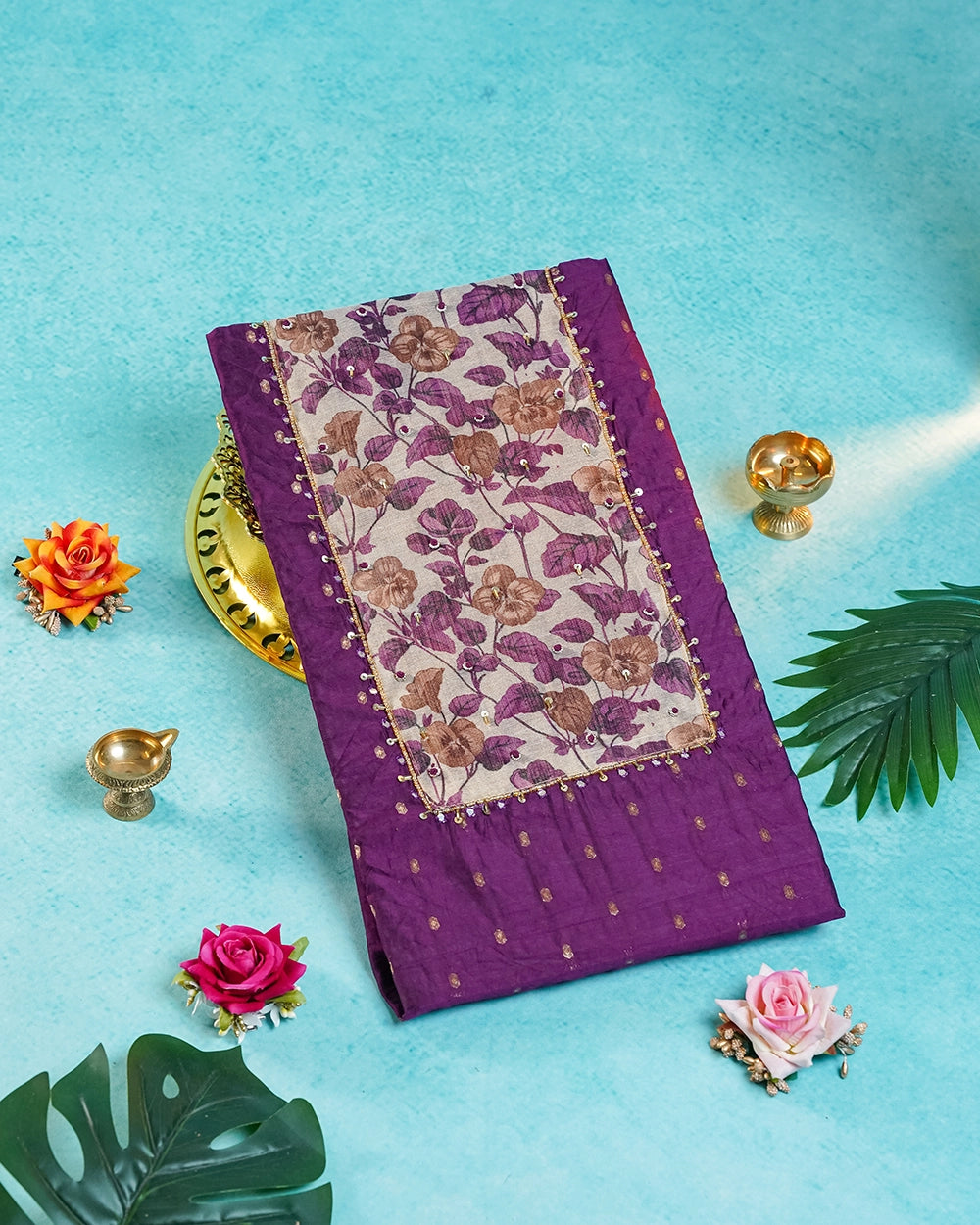 Elegant Purple & Beige Floral Chudi Material