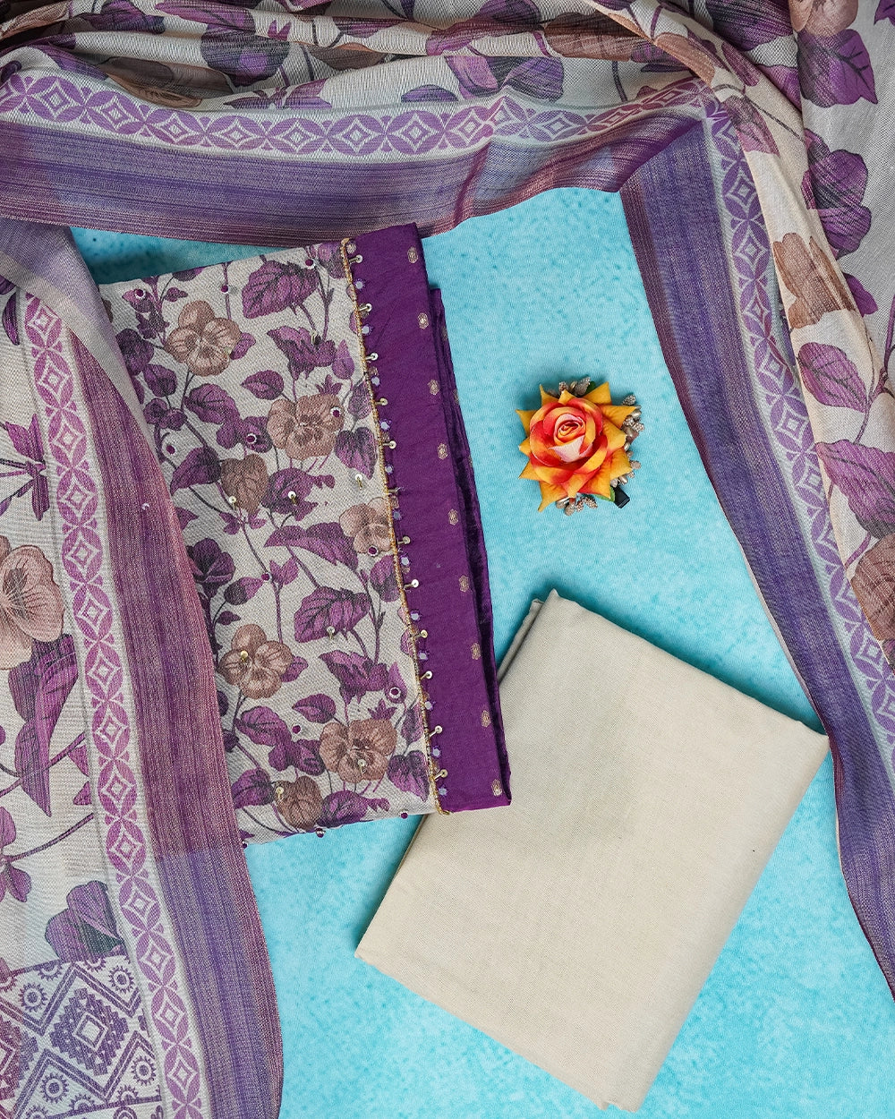 Elegant Purple & Beige Floral Chudi Material
