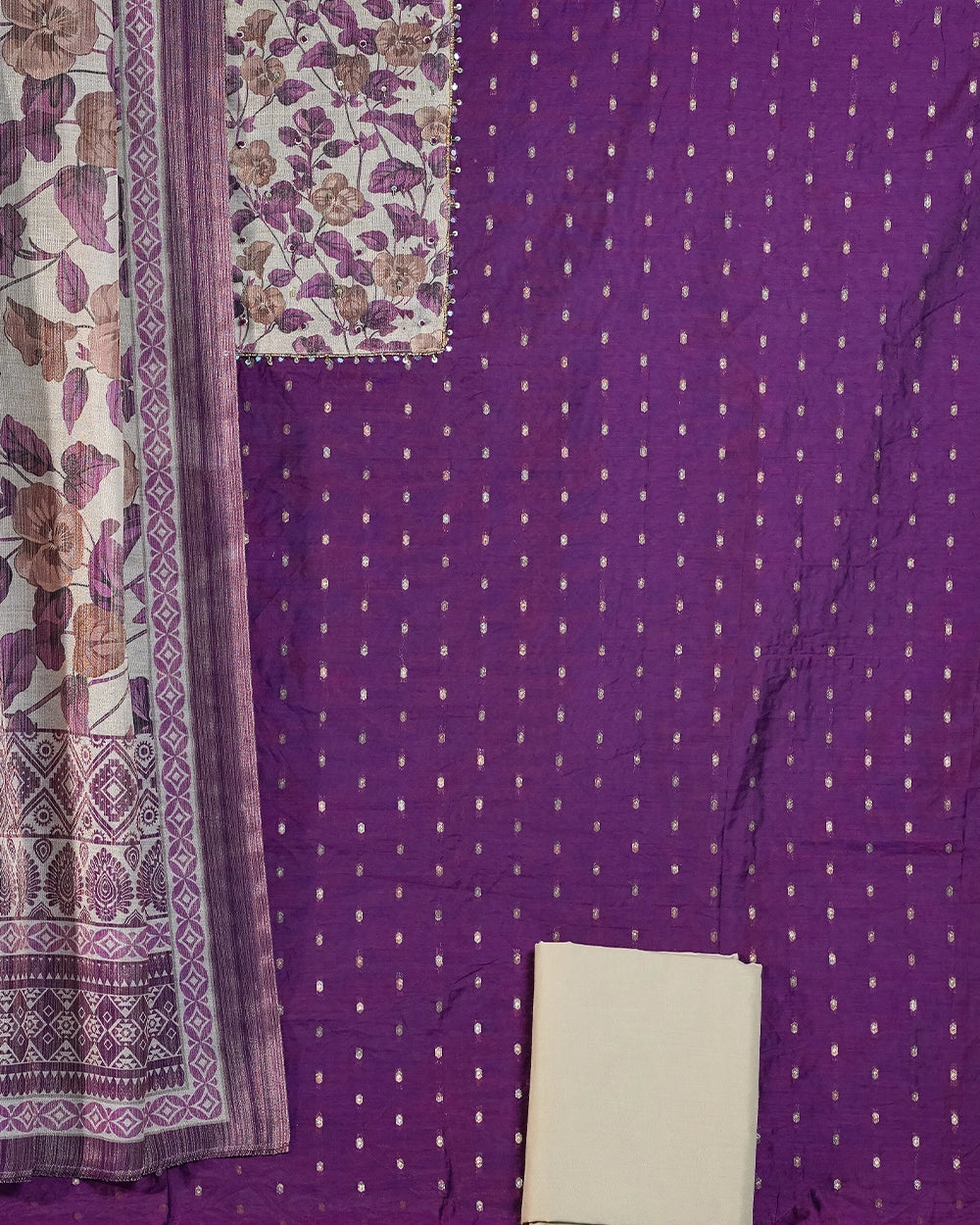 Elegant Purple & Beige Floral Chudi Material