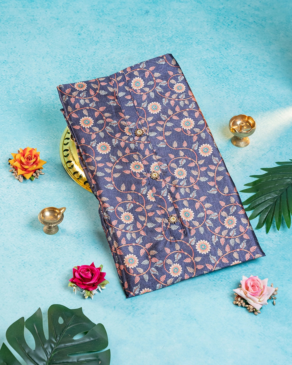Elegant Turquoise Blue &Navy Blue Floral Chudi Material