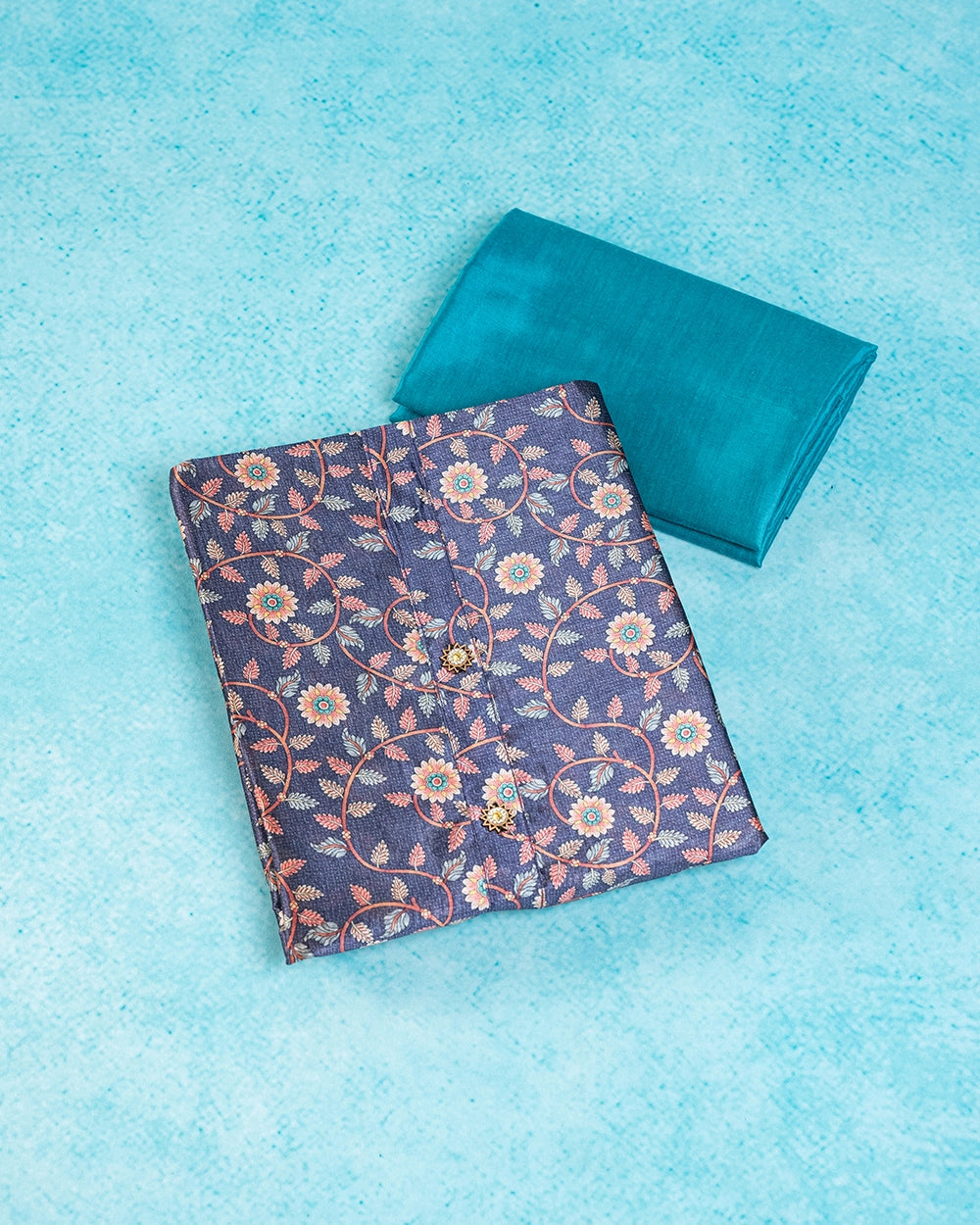 Elegant Turquoise Blue &Navy Blue Floral Chudi Material