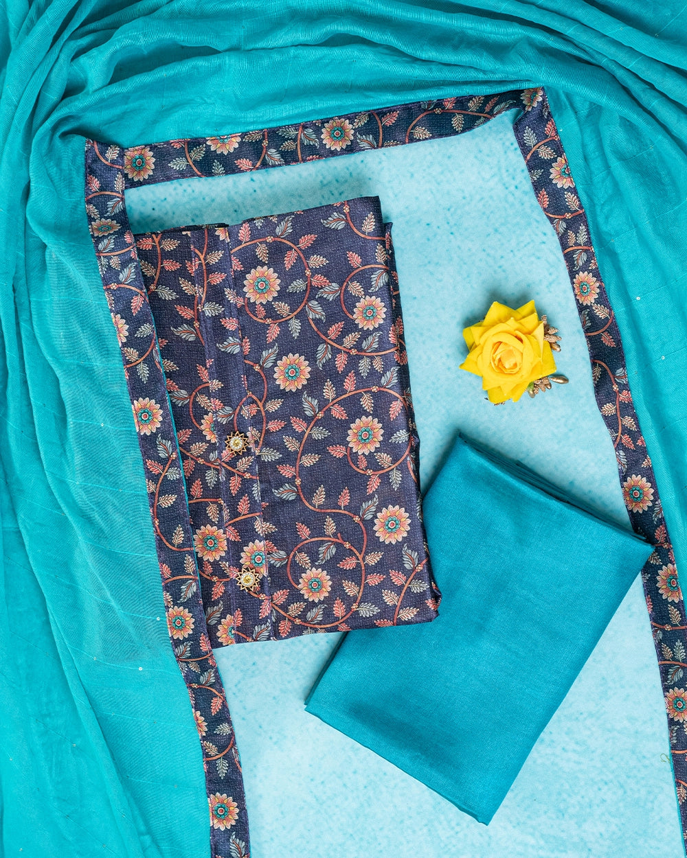 Elegant Turquoise Blue &Navy Blue Floral Chudi Material
