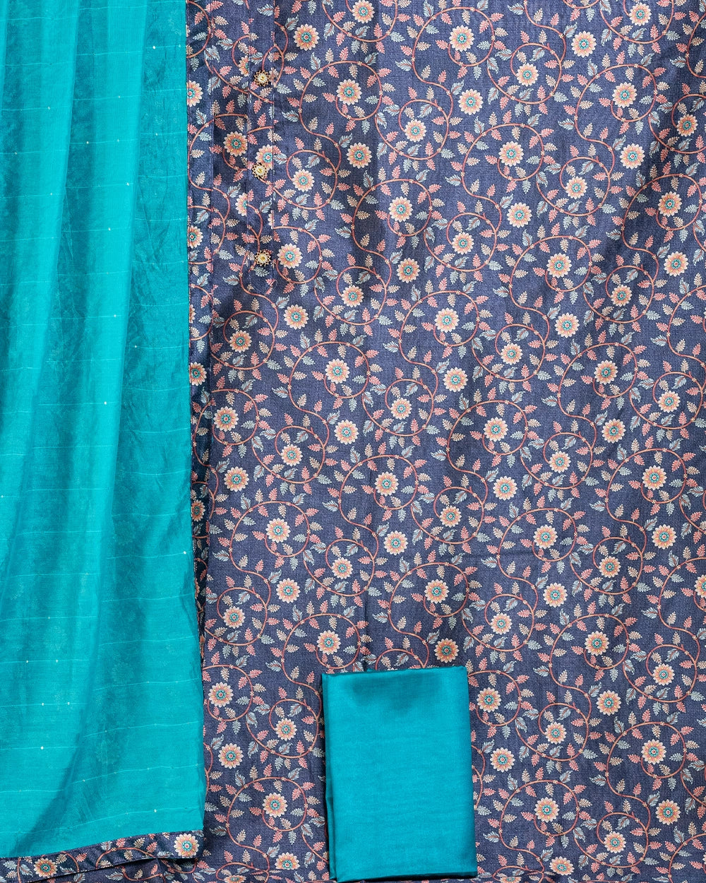 Elegant Turquoise Blue &Navy Blue Floral Chudi Material