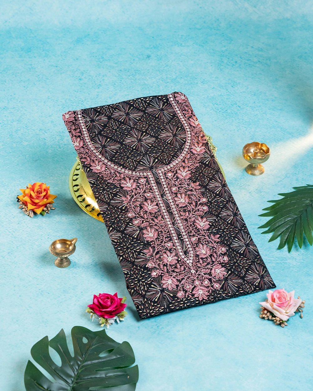 Elegant Black & pink Embroidered Chudi Material