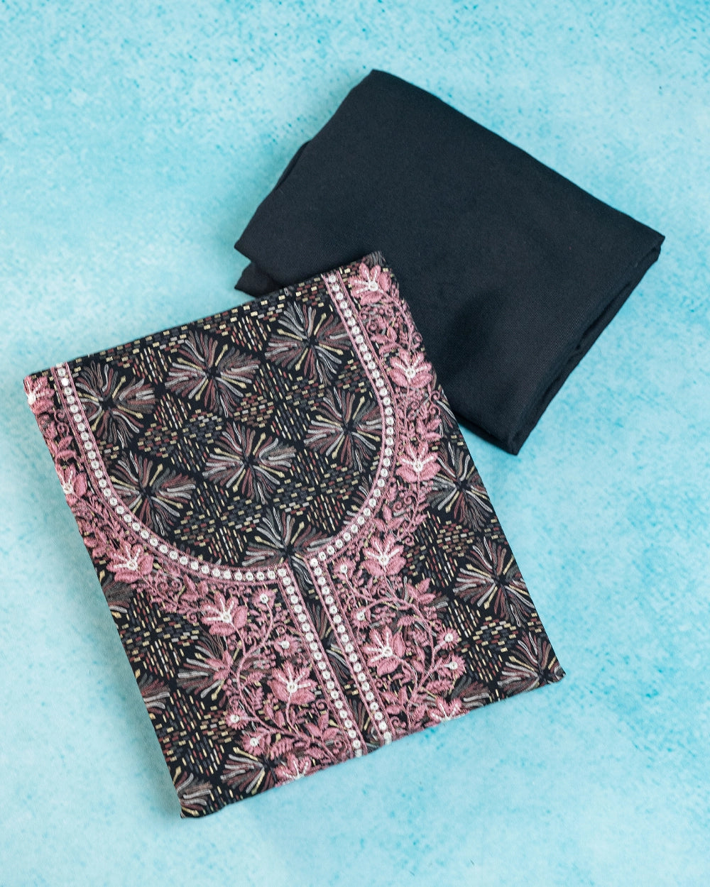 Elegant Black & pink Embroidered Chudi Material