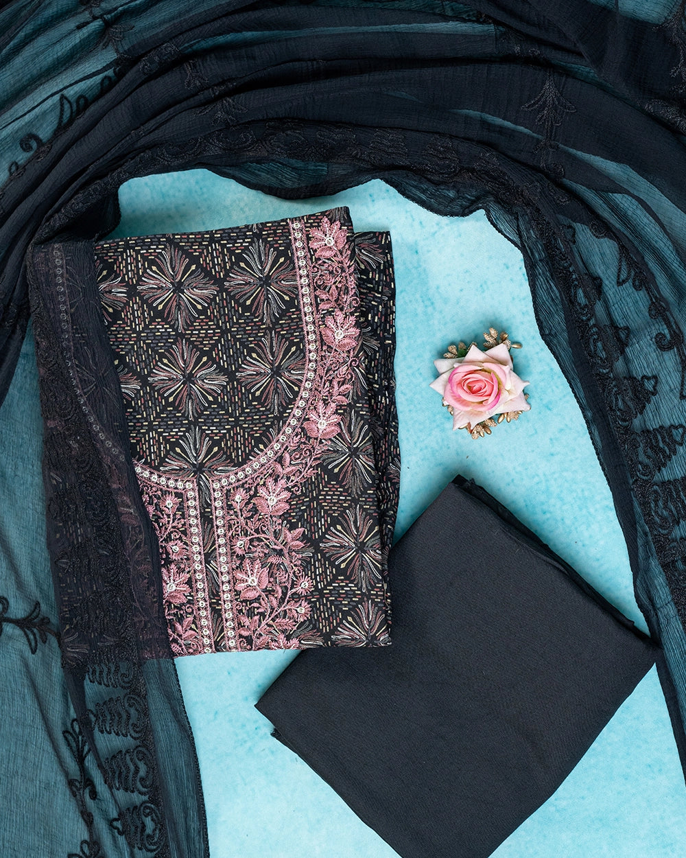 Elegant Black & pink Embroidered Chudi Material