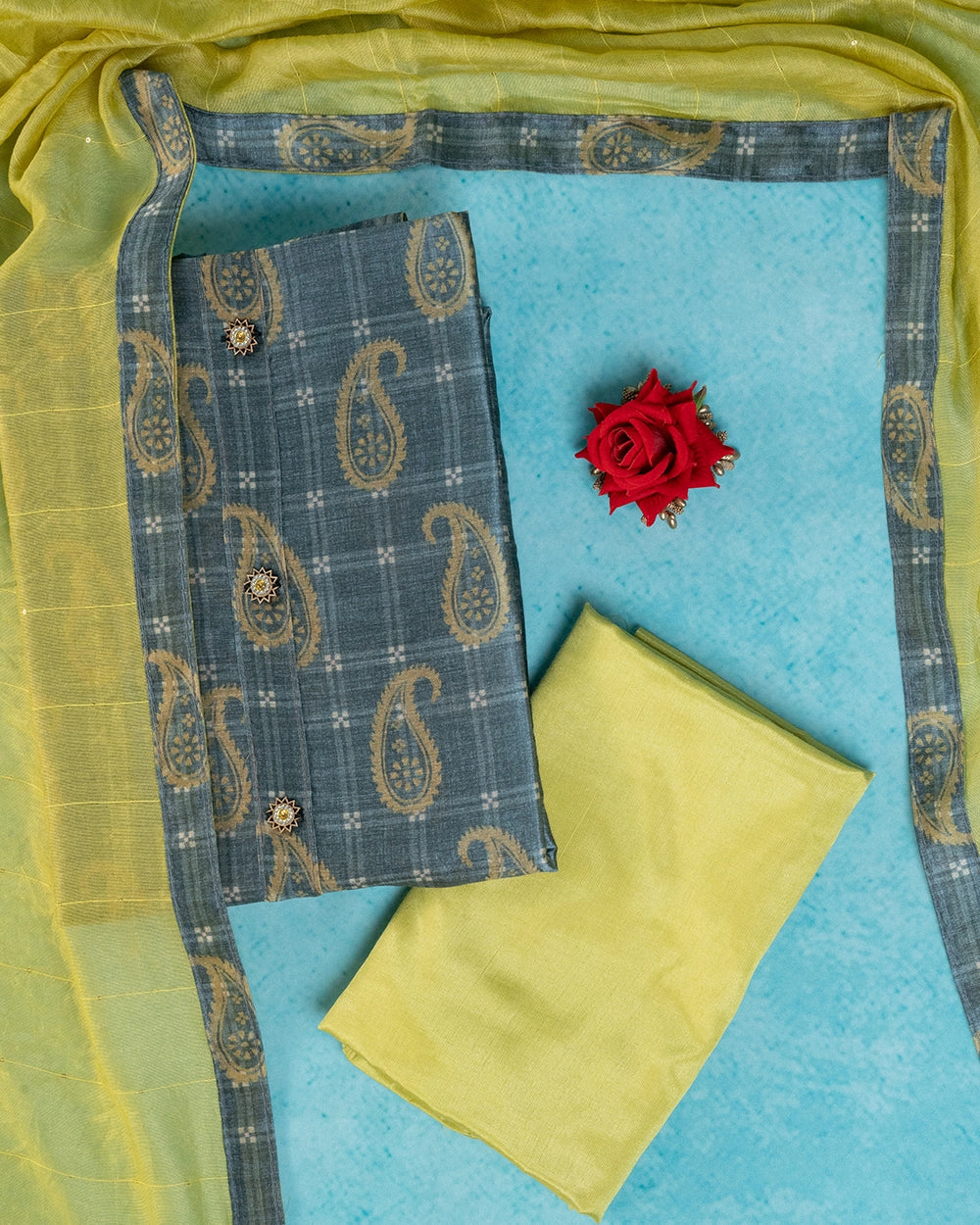 Elegant Lime Green & Teal Blue Chudi Material