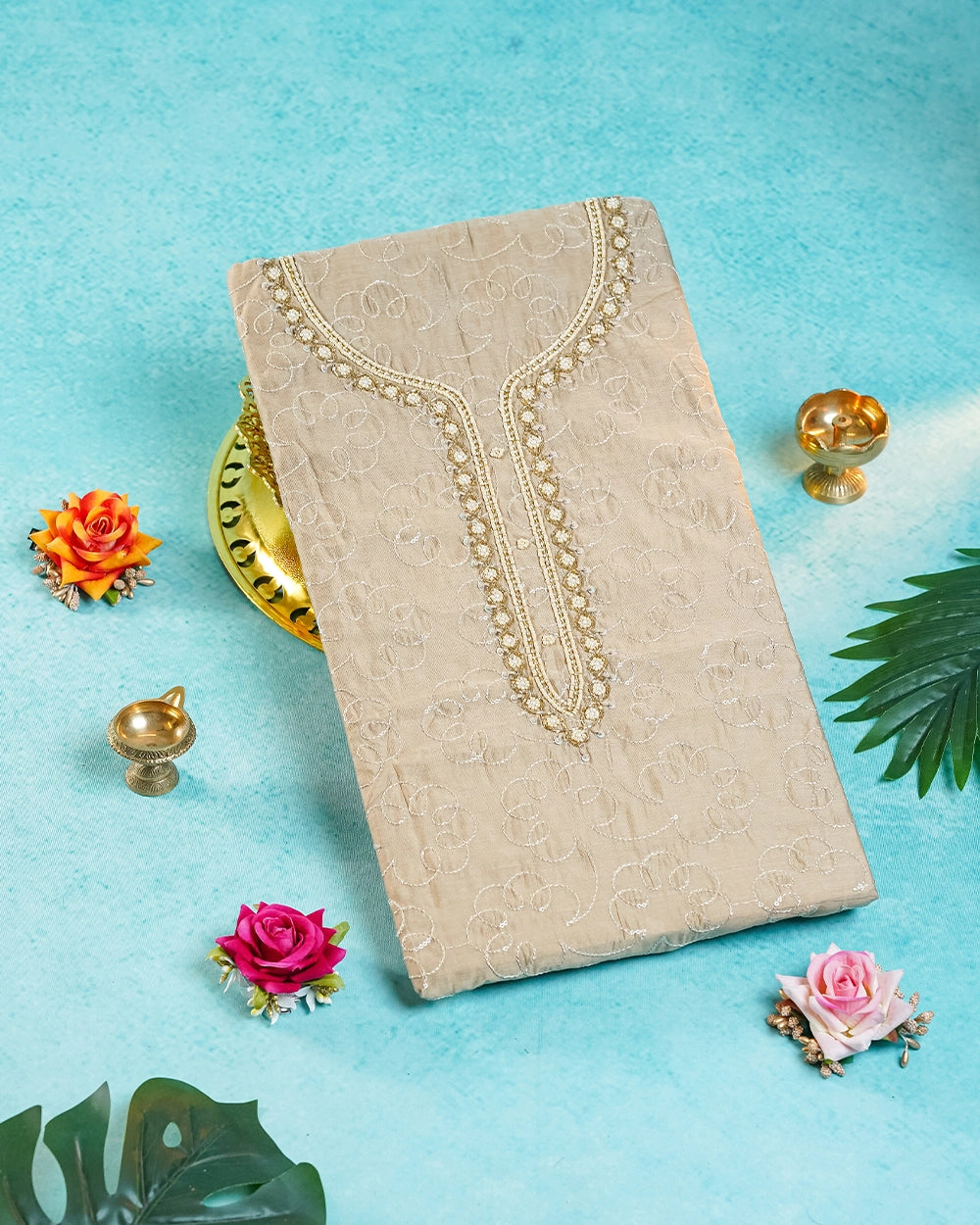 Elegant Beige & Golden Embroidered Chudi Material