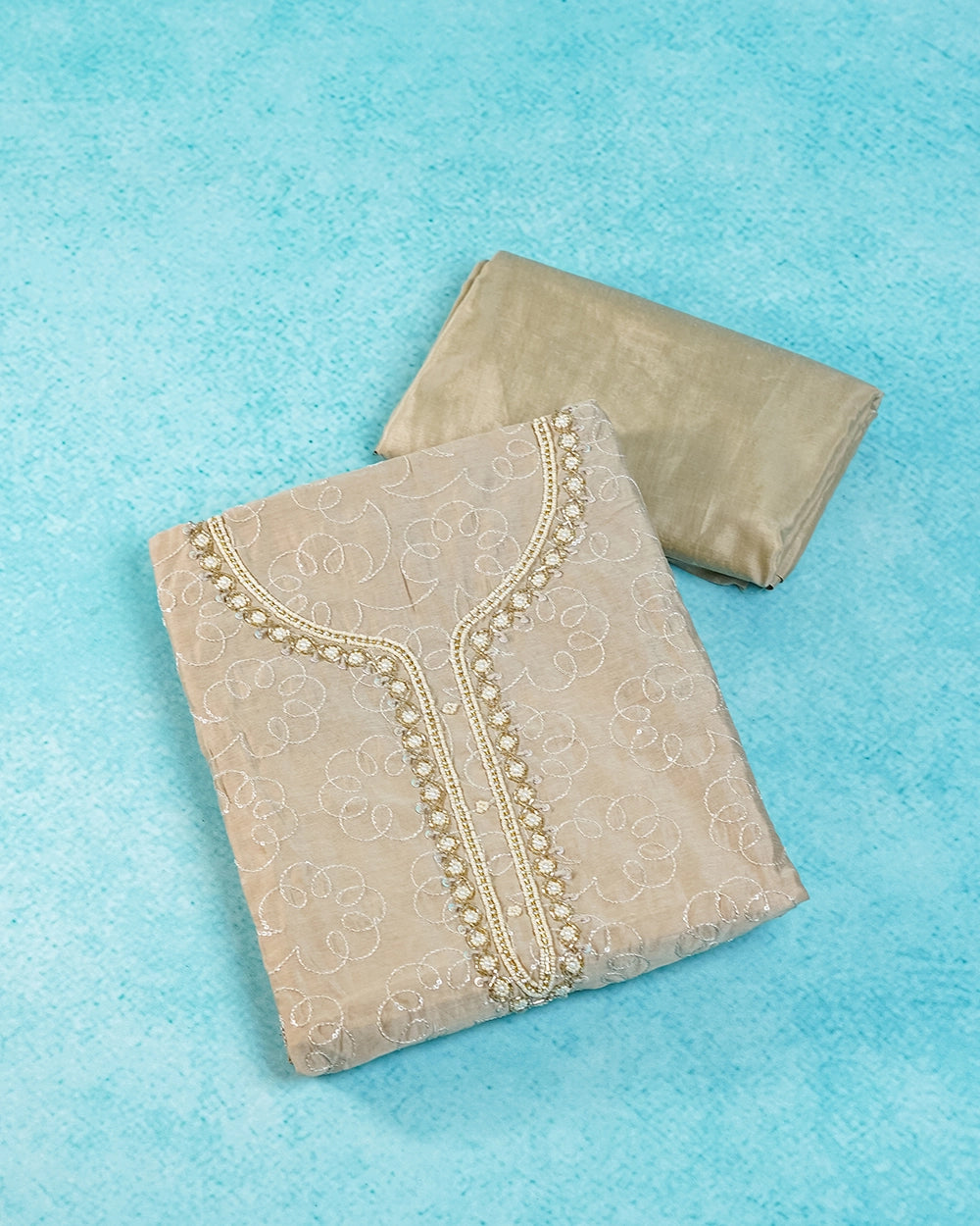 Elegant Beige & Golden Embroidered Chudi Material