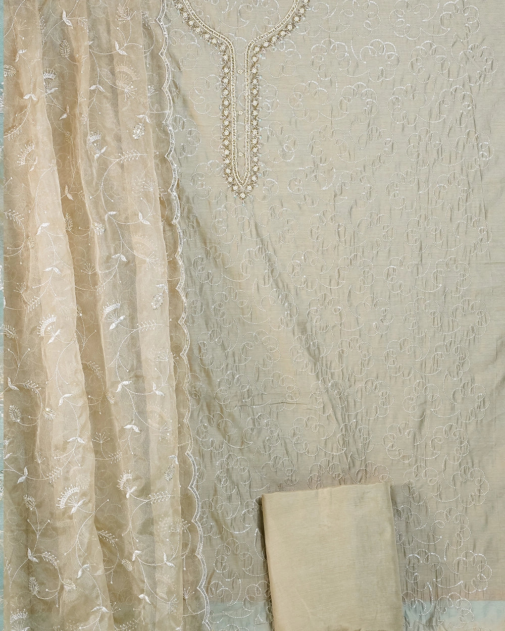 Elegant Beige & Golden Embroidered Chudi Material
