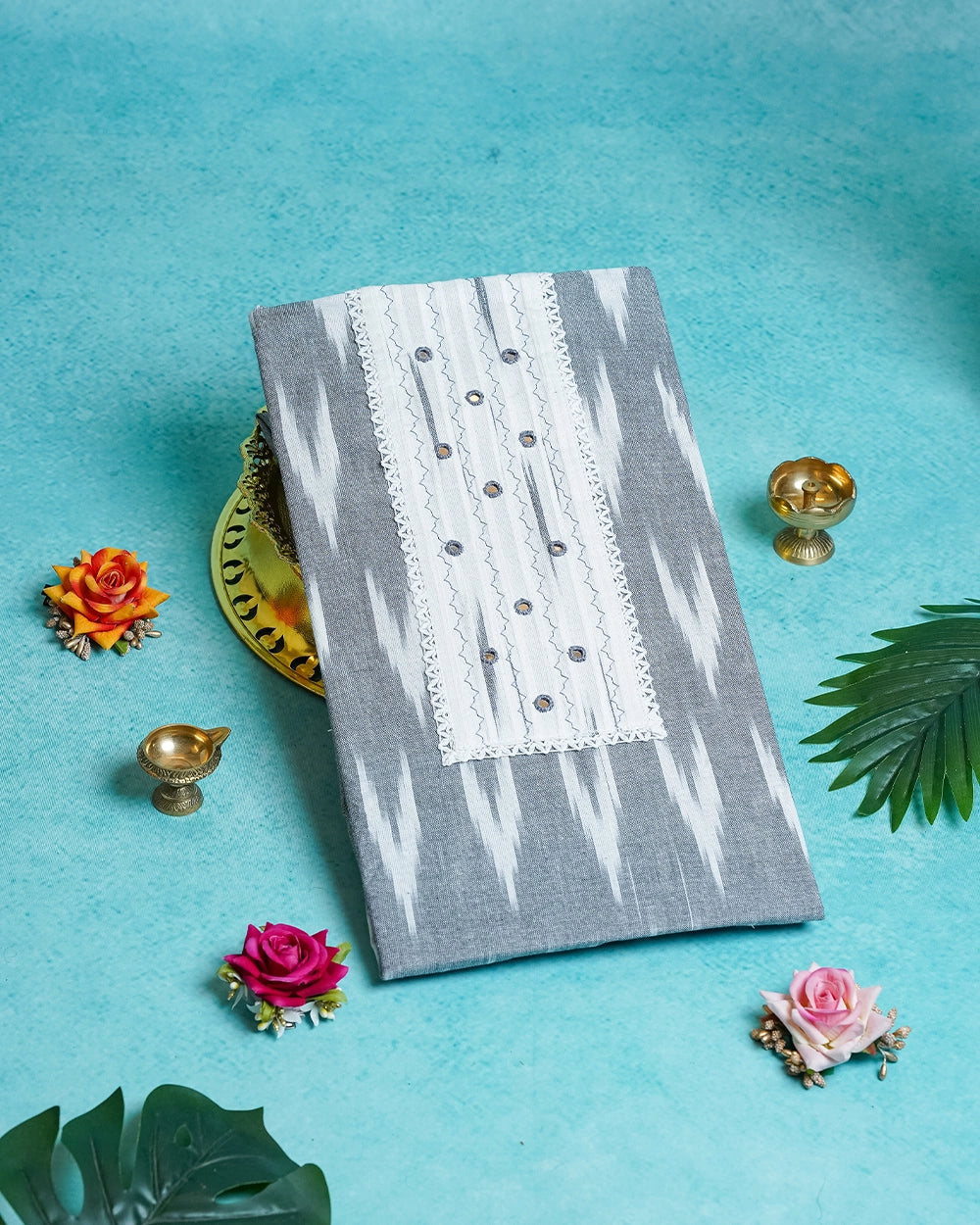 Elegant White & Slate Grey Chudi Material