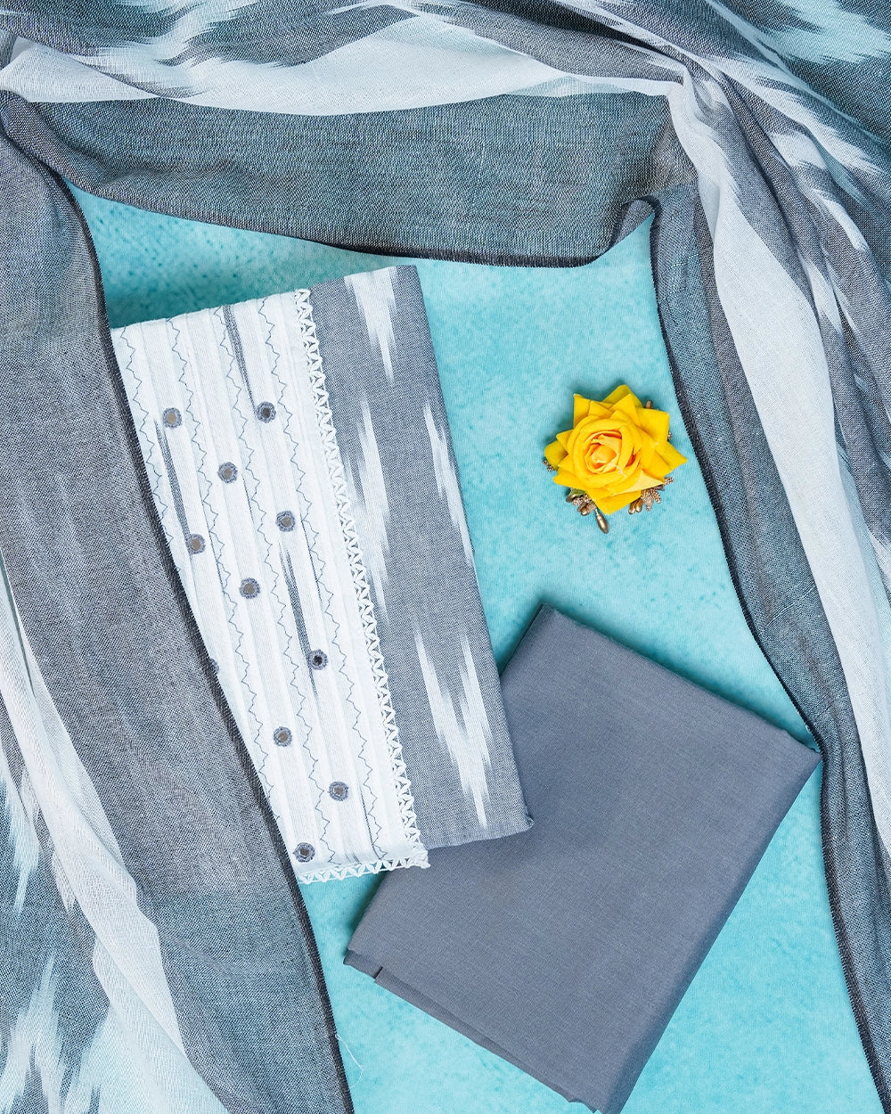 Elegant White & Slate Grey Chudi Material