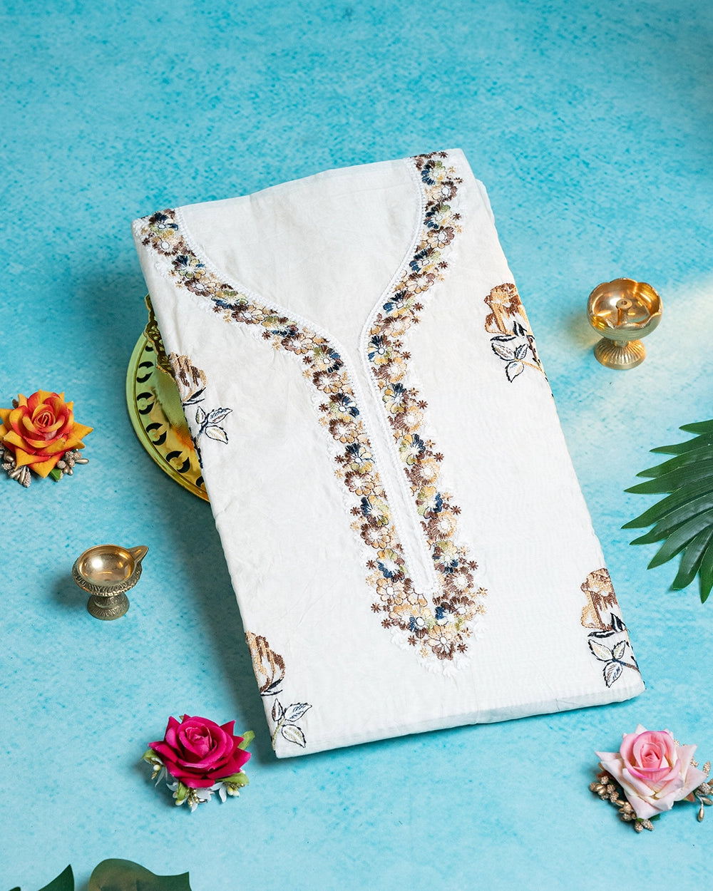 Elegant Ivory &Cream Floral Embroidered Chudi Material