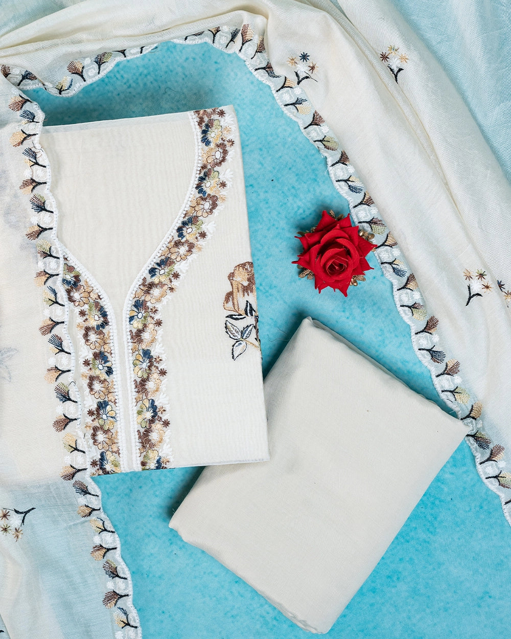 Elegant Ivory &Cream Floral Embroidered Chudi Material
