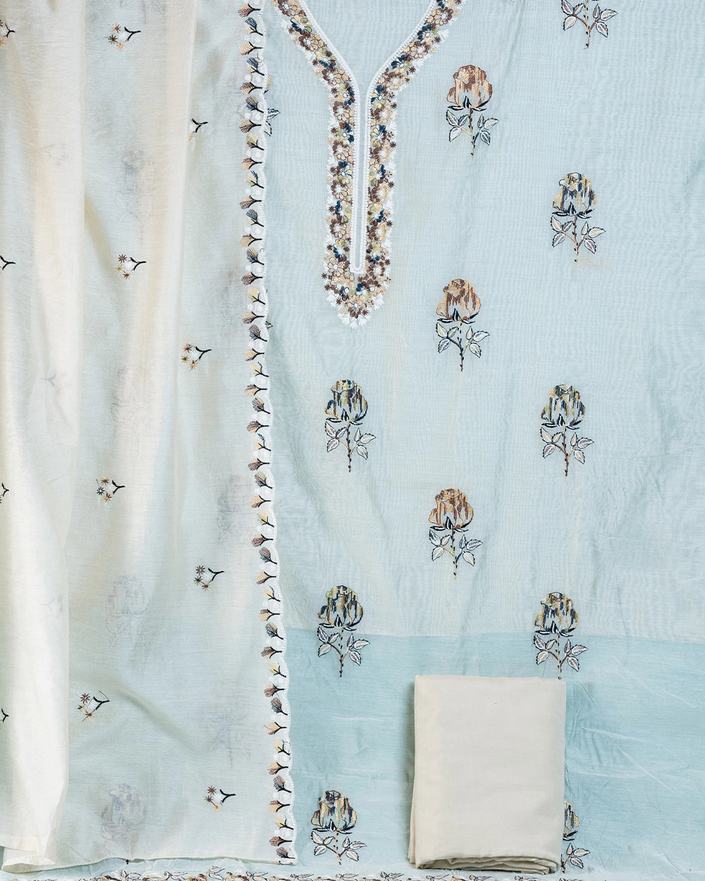 Elegant Ivory &Cream Floral Embroidered Chudi Material